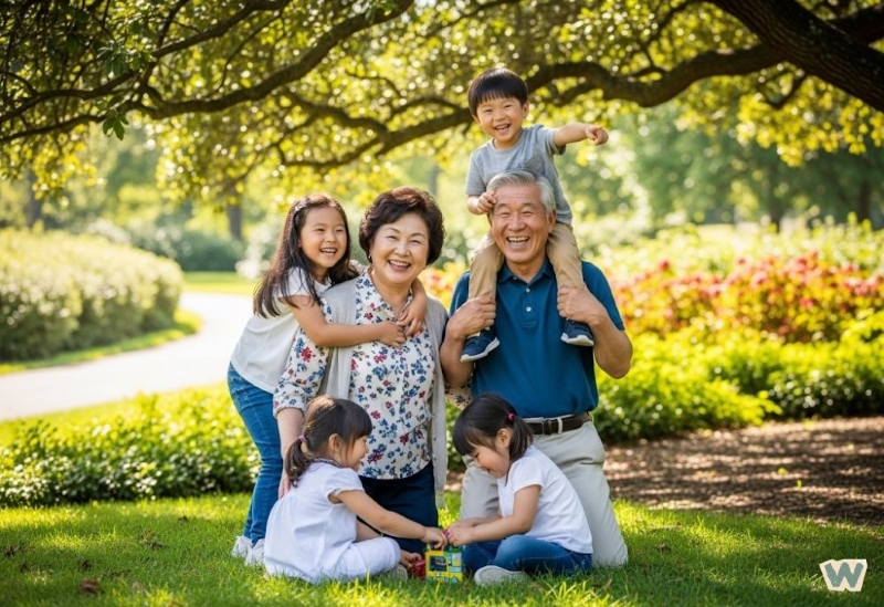 손주들과 함께 공원에서 즐거운 시간을 보내는 노부부 via canva