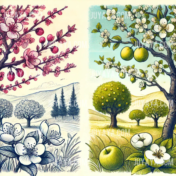 봄에 자두꽃이 핀 나무와 여름의 초록빛 능금 나무가 어우러진 계절적 풍경.