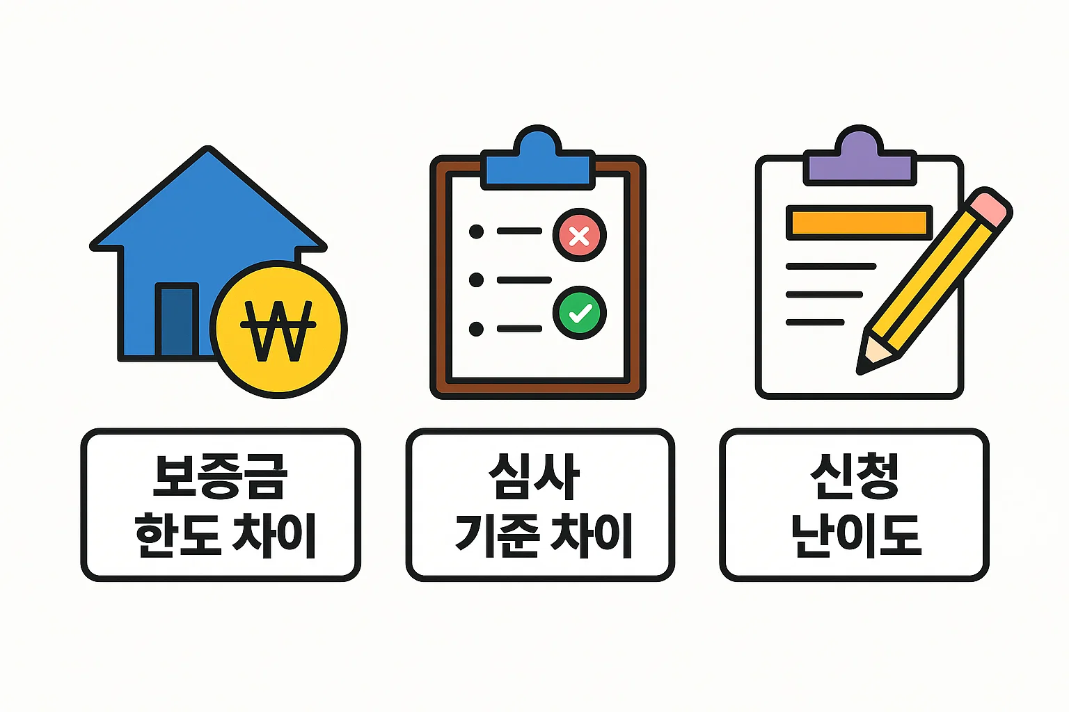 HUG, HF, SGI 등 보증기관별 보증금 한도, 심사기준, 신청 난이도 차이를 시각적으로 비교한 인포그래픽.
