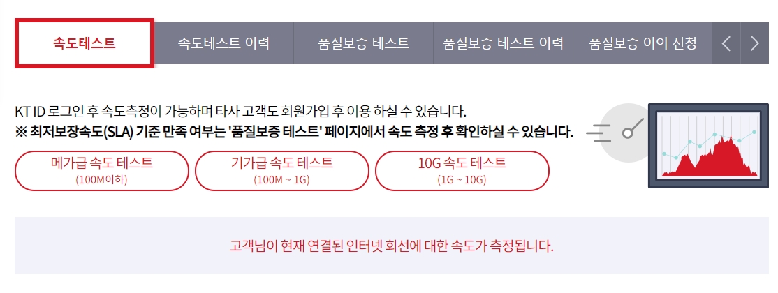 자신이 가입한 요금제에 맞춰 속도 측정 옵션을 선택하는 화면
