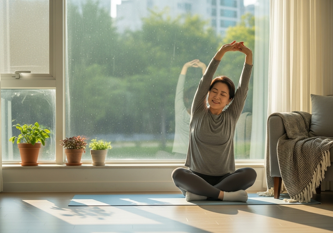 50대 여성이 창가에서 명상 전 스트레칭