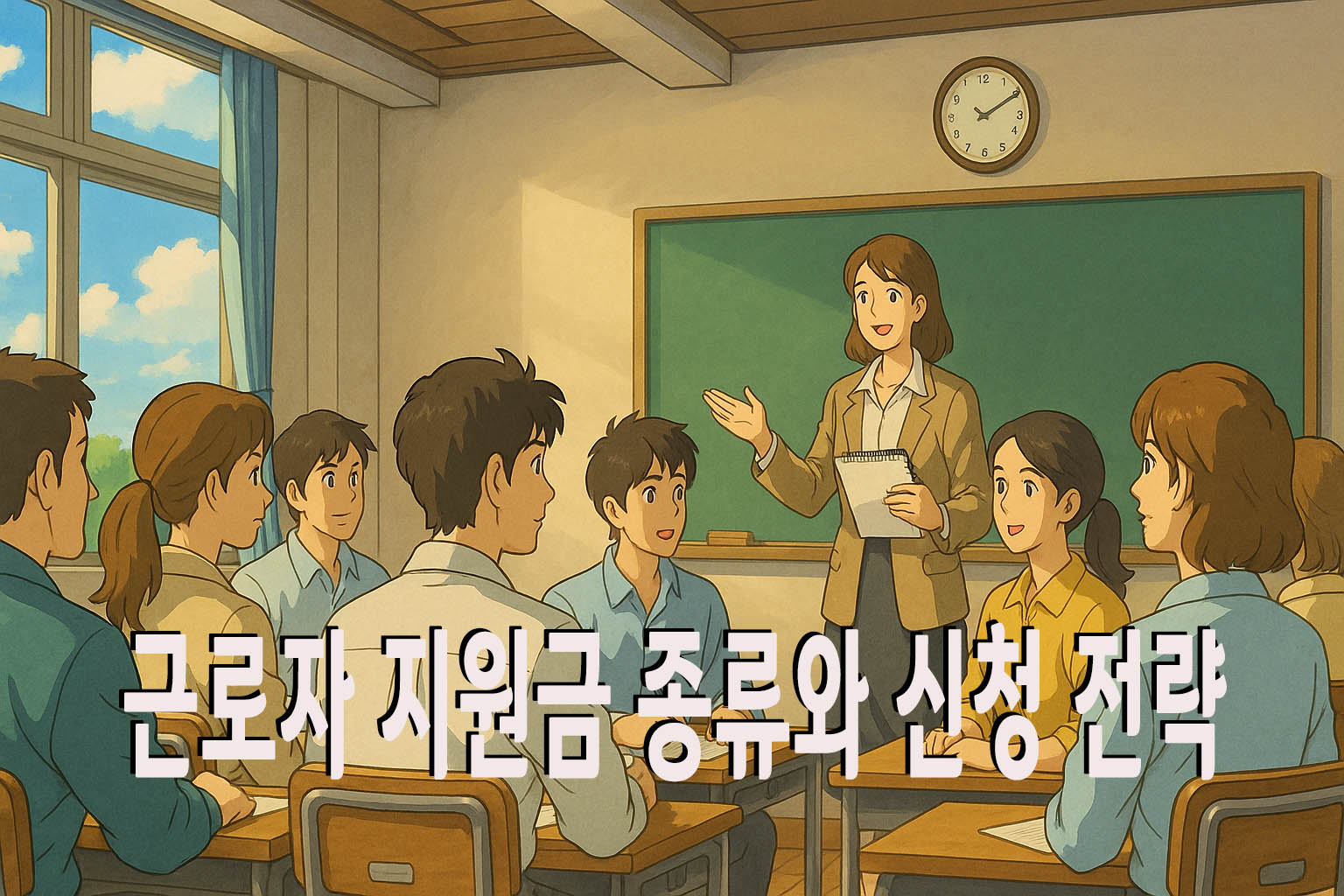 교실에서 여교사가 미소 지으며 근로자 지원금 전략을 설명하고&amp;#44; 여러 명의 청년들이 집중해 듣는 장면. 따뜻하고 밝은 지브리풍 스타일.