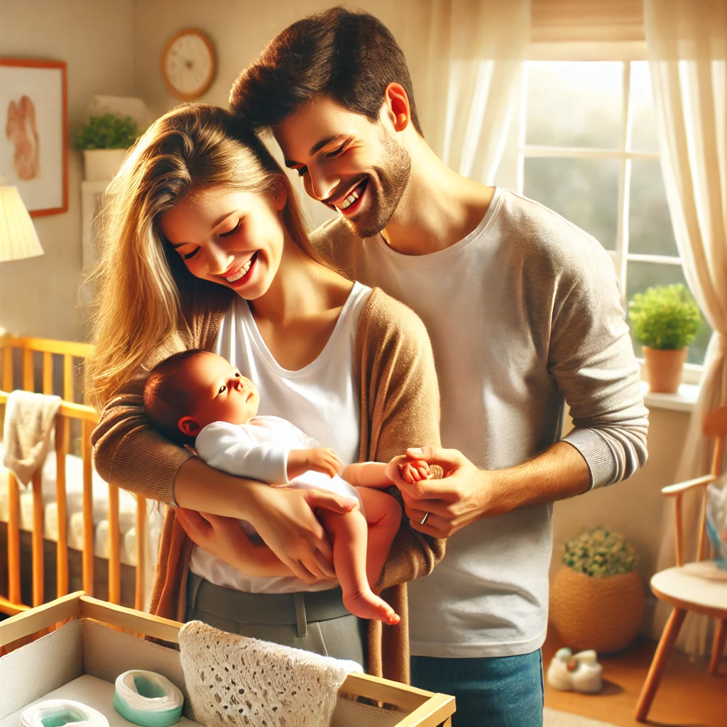 행복한 부모와 신생아가 함께 있는 따뜻한 가정 배경