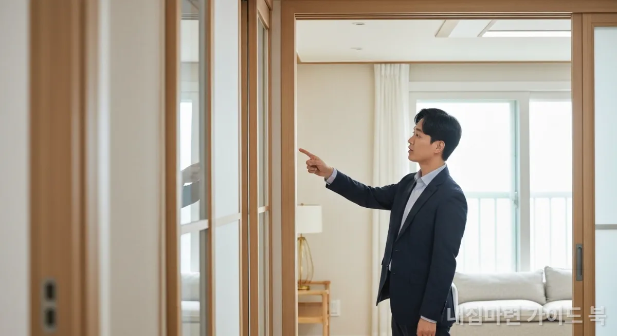 미니멀한 아파트에서 가변형 벽체를 설명하는 한국인 건축가