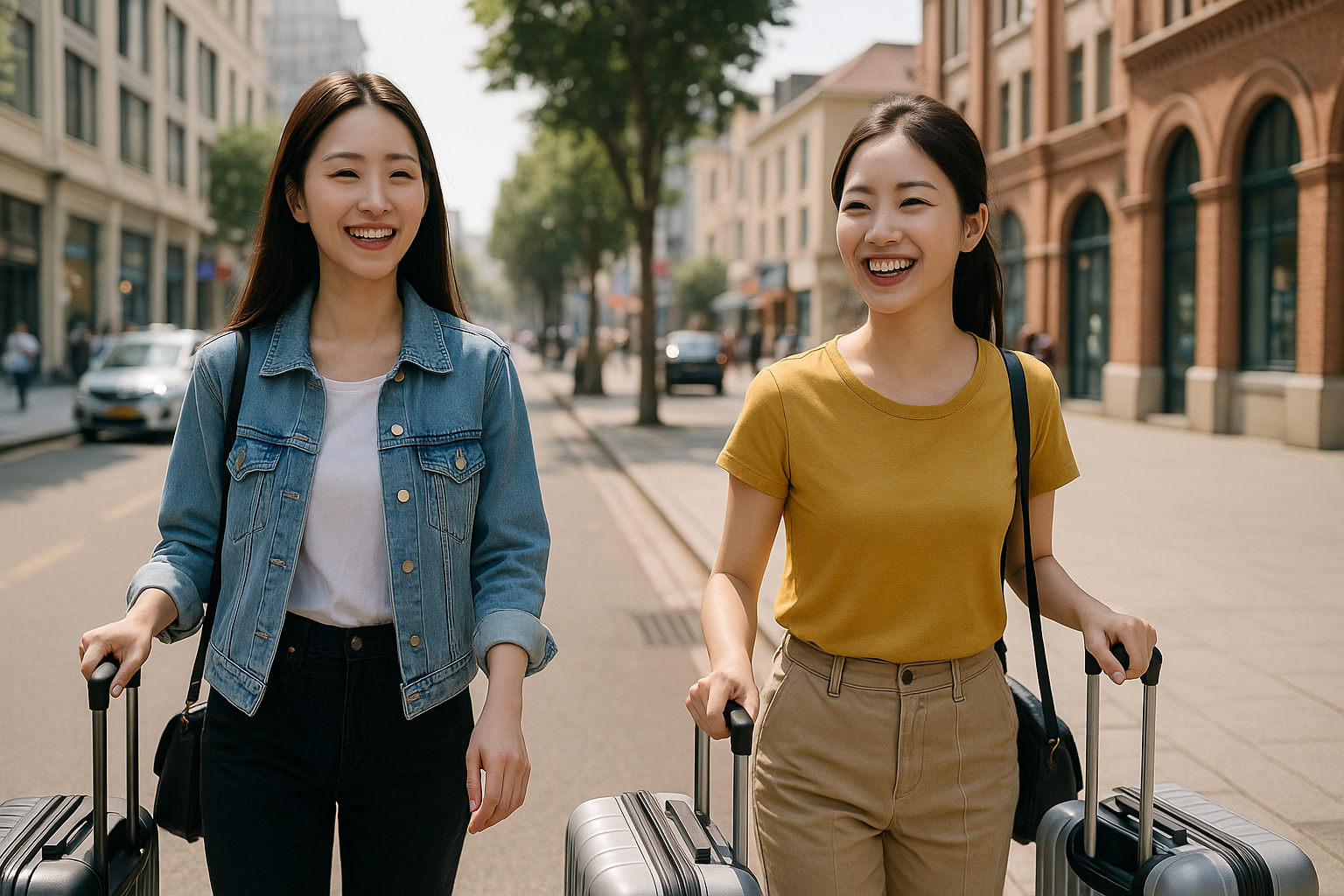 wo smiling female travelers pulling suitcases walk along a lively and safe street in downtown Qingdao on a sunny afternoon, surrounded by clean urban scenery.