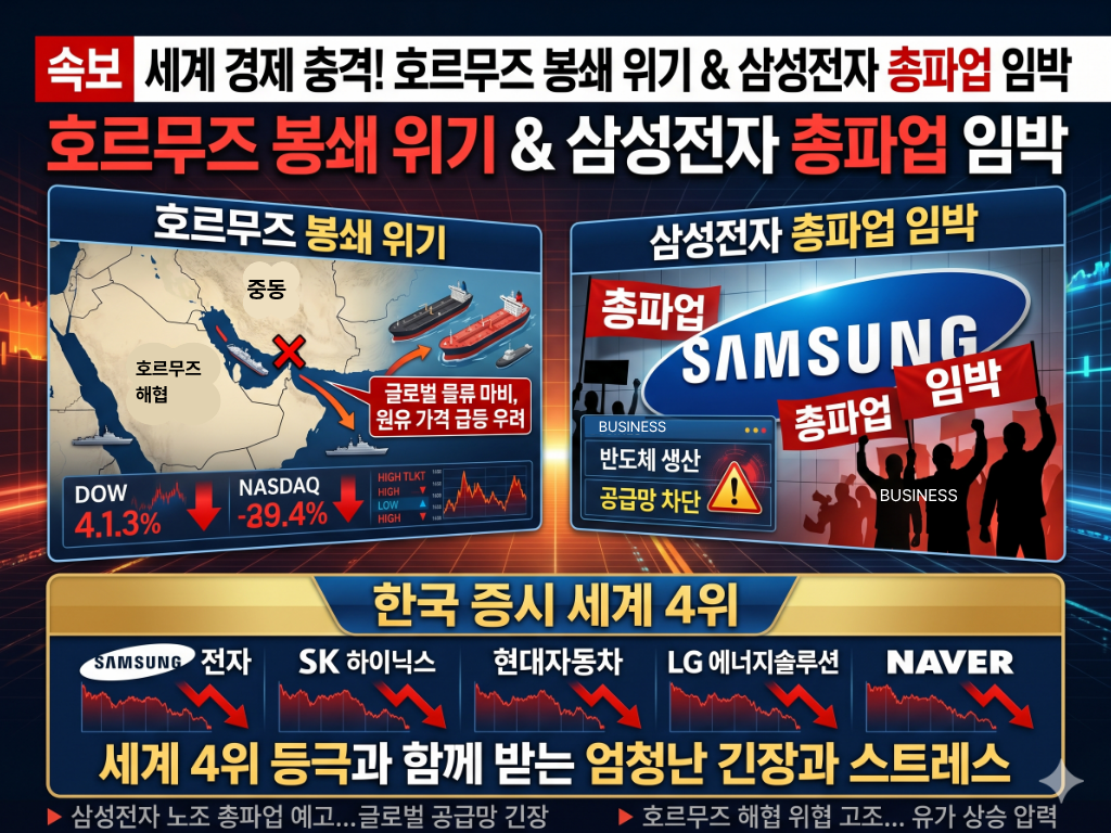 호르무즈 봉쇄위기, 삼성전자 총파업임박, 한국증시 세계4위