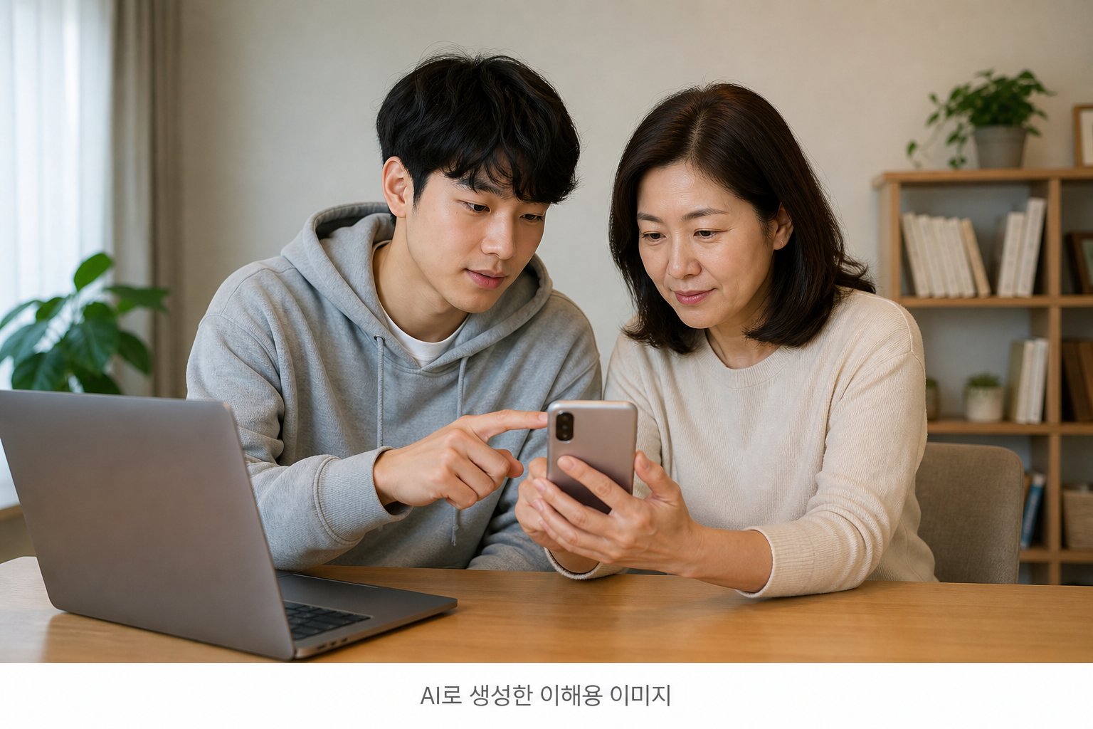 대학생과 보호자가 스마트폰으로 가구원 동의 절차를 확인하는 모습