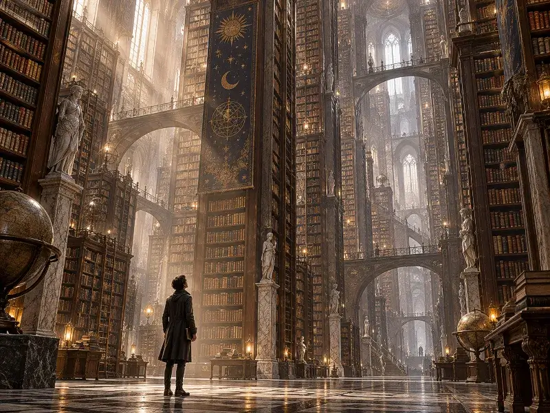 A small figure standing in an endless library filled with towering bookshelves, symbolizing awe, humility, and self-reflection before a vast world of knowledge