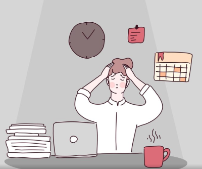 시계는 저녁 11시를 알리고 있고 , 아직 업무가 끝나지 못한 회사원을 그린 일러스트