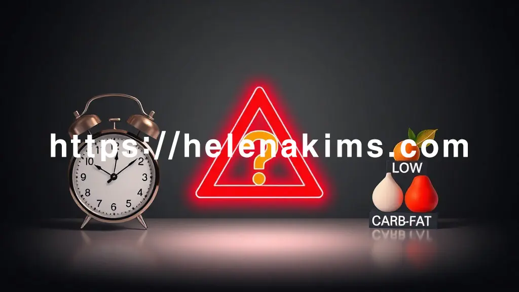 회색 배경. '간헐적 단식'을 상징하는 시계와 저탄고지'를 나타내는 영양소 아이콘, 이들 사이 중앙에 빨간색 경고 삼각형과 물음표가 있는 이미지.