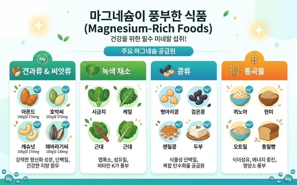 마그네슘이 풍부한 음식(견과류, 녹색 채소, 콩류, 통곡물)을 담은 깔끔한 인포그래픽 이미지
마그네슘이 풍부한 음식(견과류, 녹색 채소, 콩류, 통곡물)을 담은 깔끔한 인포그래픽 이미지