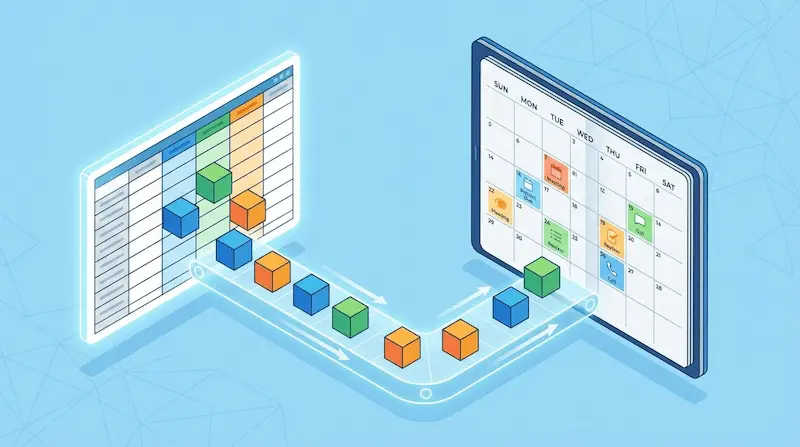 데이터 블록이 파이프라인을 통해 달력 그리드로 이동하는 아이소메트릭 일러스트, 대량 일정 등록 과정