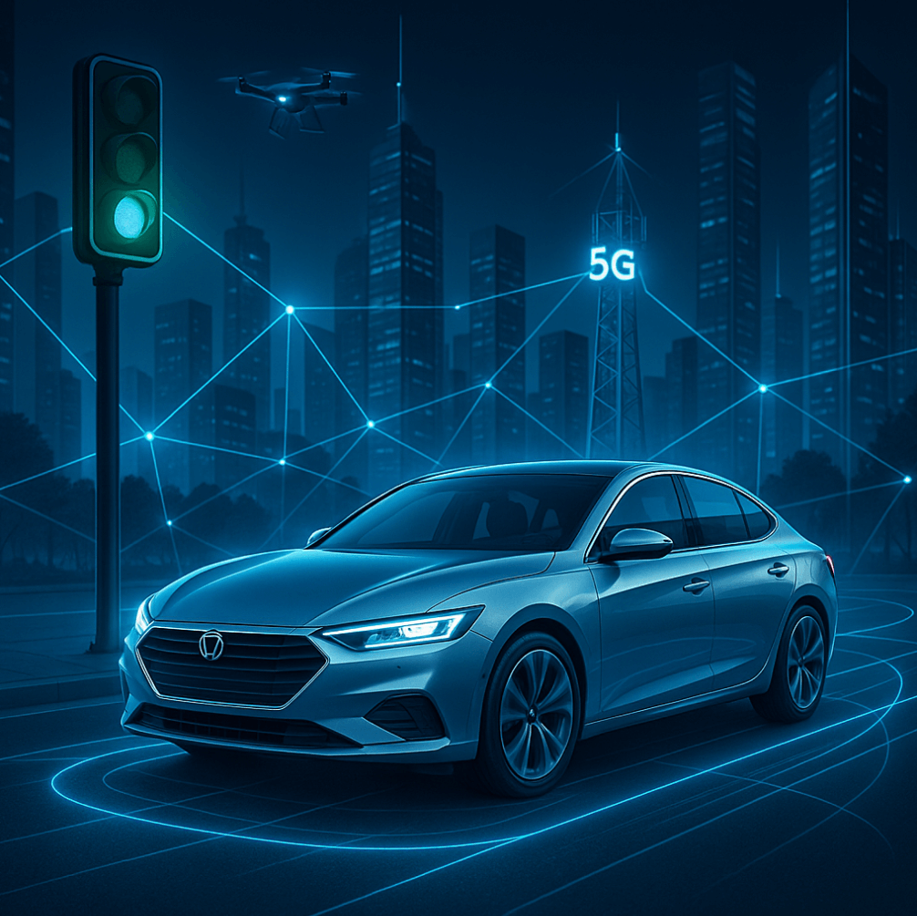 자율주행차, 도로 인프라, 5G 통신망 등 핵심 기반시설을 표현한 이미지