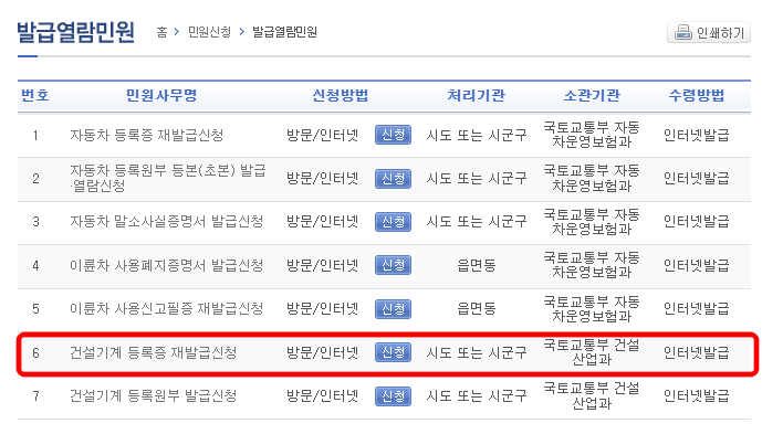 발급열람민원-건설기계등록증-재발급-신청-클릭