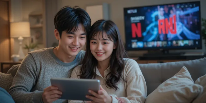 태블릿으로 넷플릭스를 시청하며 요금제를 나눠 사용하는 커플의 모습