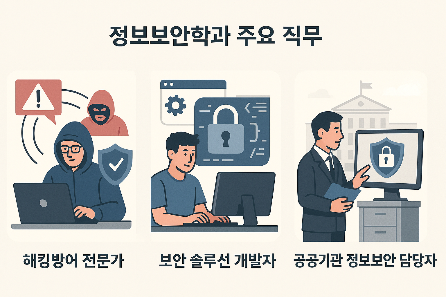 해킹 공격을 방어하는 화이트 해커 일러스트&quot;, &quot;보안 소프트웨어를 개발 중인 개발자 이미지&quot;, &quot;공공기관에서 보안 시스템을 점검하는 정보보안 담당자