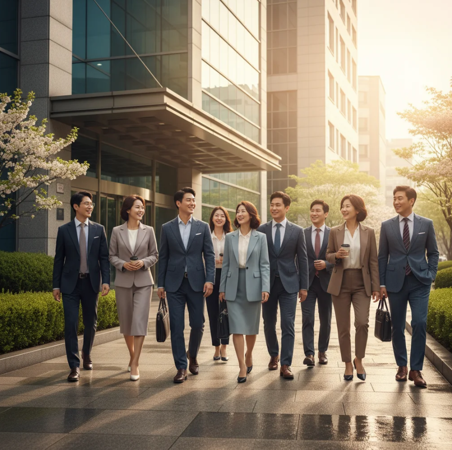 활기찬 직장인들이 만족스럽게 웃으며 출근하는 모습
