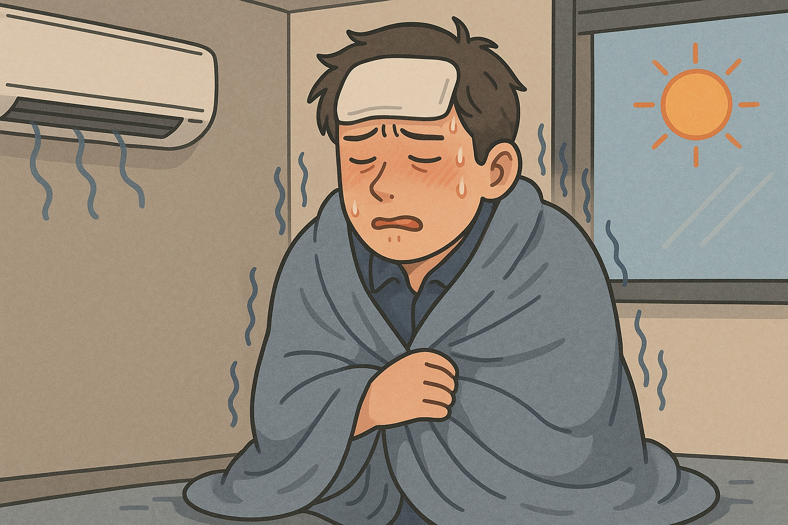 여름철 냉방기 과사용으로 인한 여름감기에 걸린 모습
