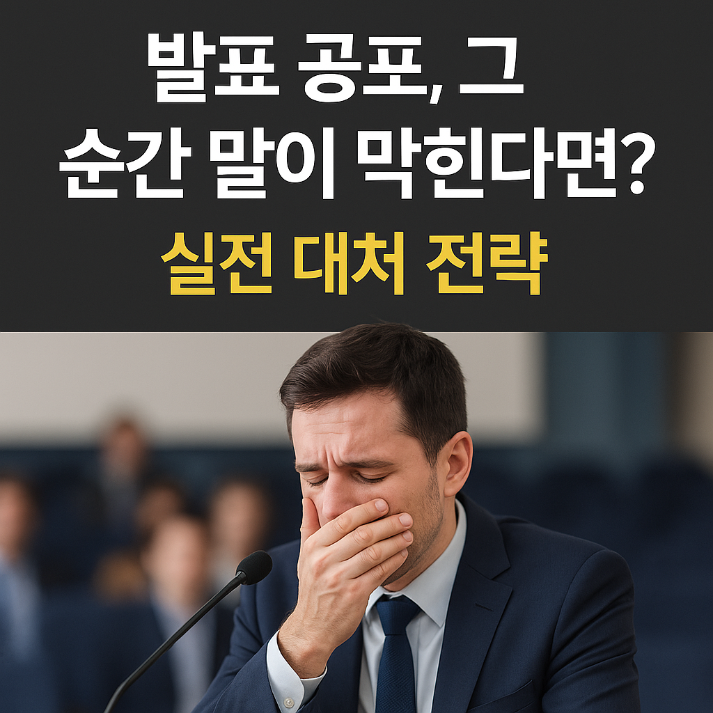 발표 중 긴장으로 말문이 막힌 남성이 청중 앞에서 얼굴을 감싸고 있는 모습