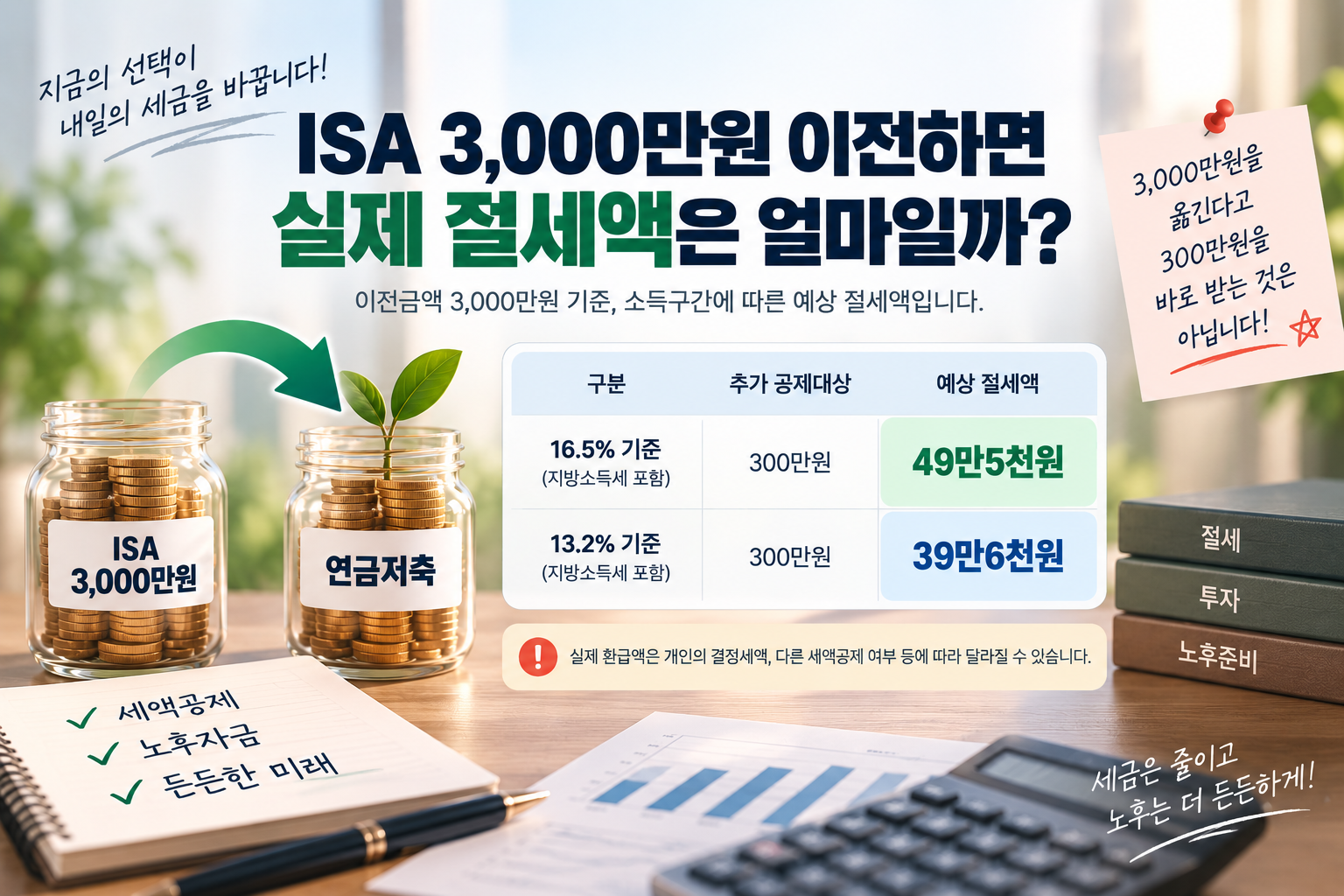 ISA 3,000만원 연금저축 이전 시 예상 절세액 39만6천원 49만5천원 비교 이미지