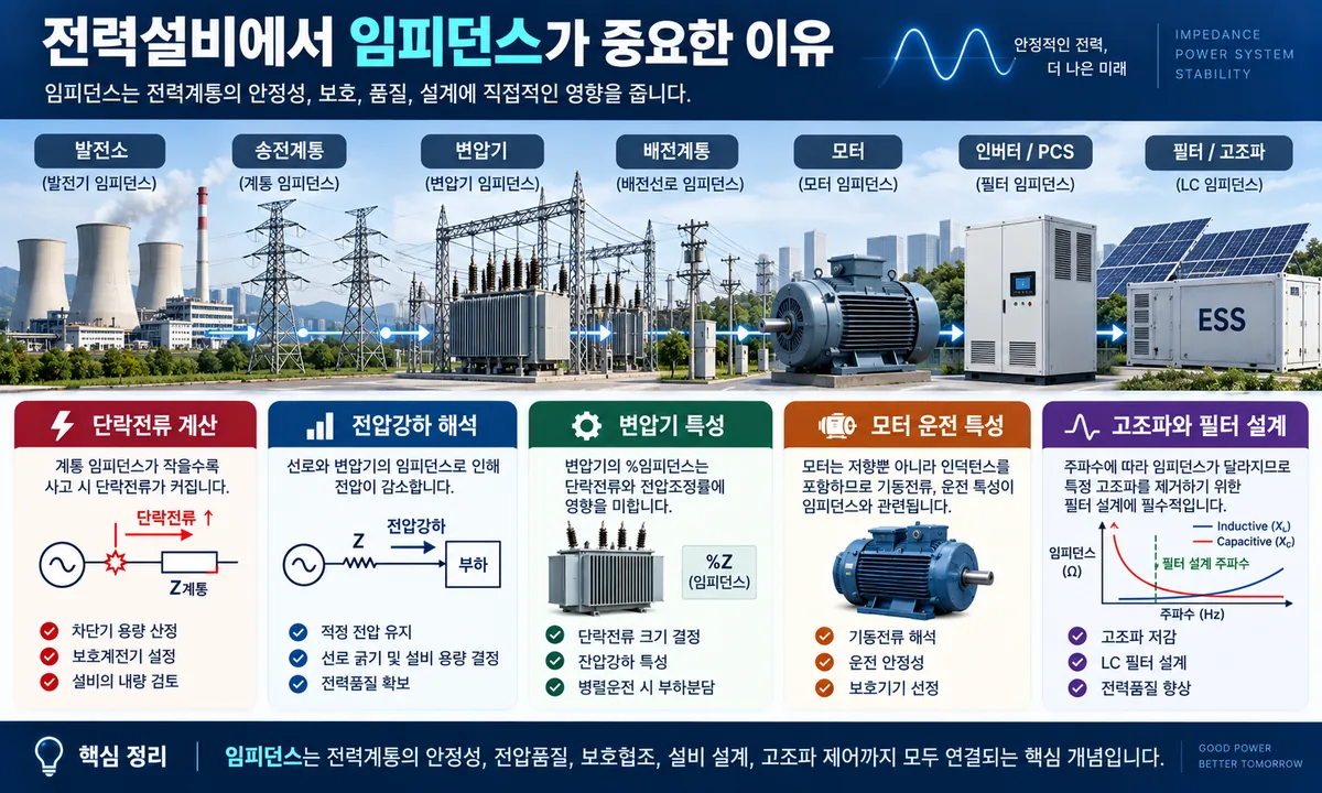 단락전류 전압강하 변압기 모터 인버터 고조파 필터와 임피던스의 관계를 설명한 인포그래픽