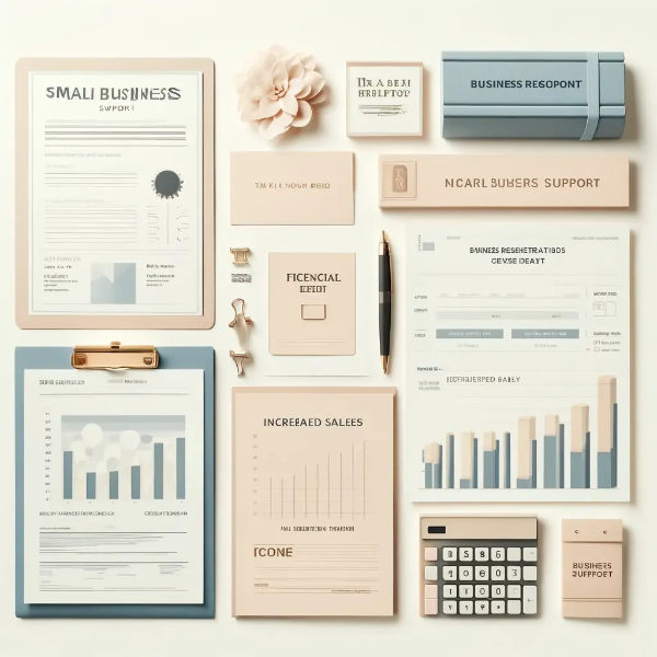 하얀 배경 위에 정리된 소상공인 세금 감면 서류, 재정 지원 신청서, 매출 증가 그래프의 전문 스튜디오 촬영 사진