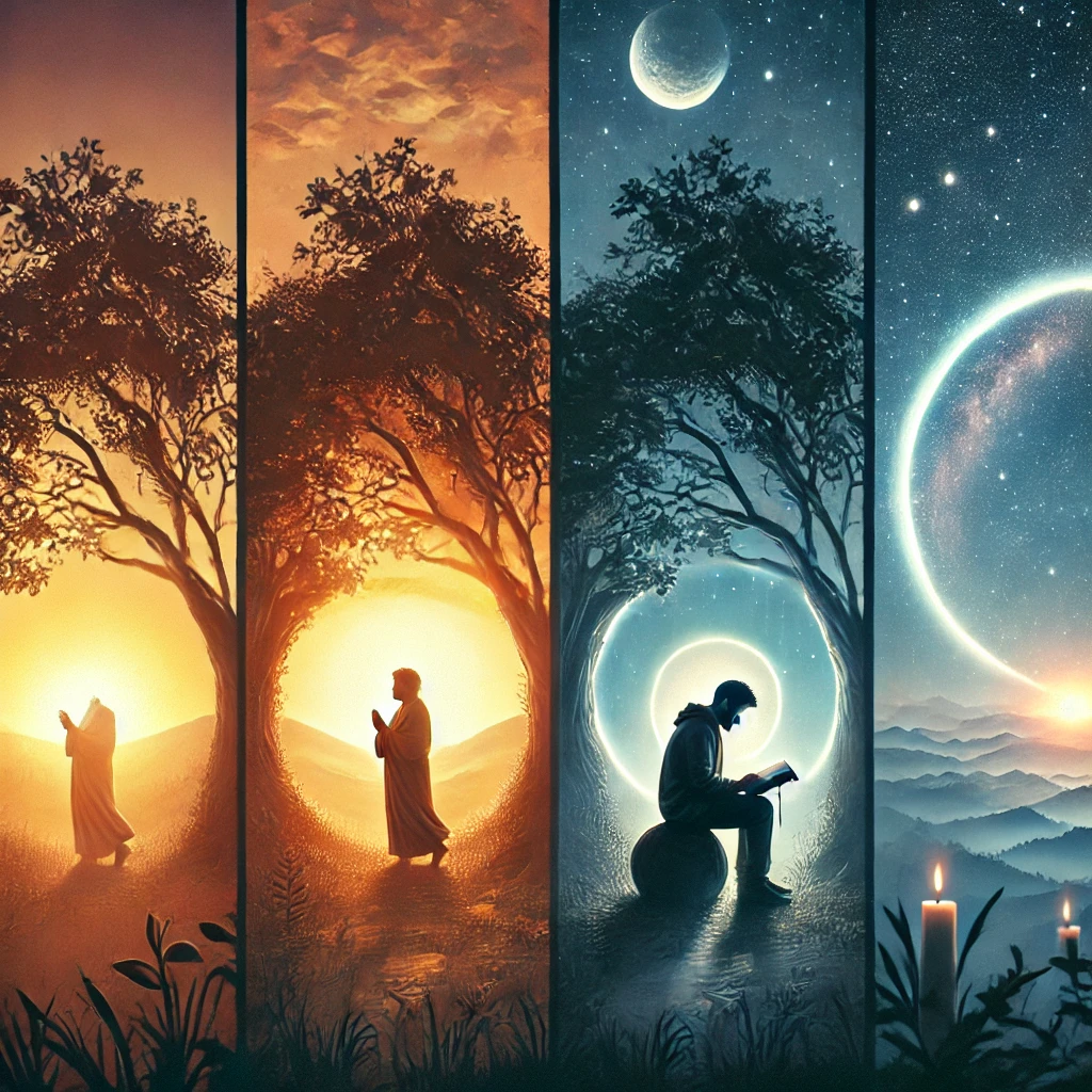 그림은 인생의 짧음을 인지하고 하나님을 찾으며 지혜를 누리는 삶을 담고 있습니다. 일출부터 일몰, 별이 빛나는 밤하늘까지 삶의 덧없음을 상징적으로 표현하며, 하나님과의 연결을 구하는 모습이 그려져 있습니다.