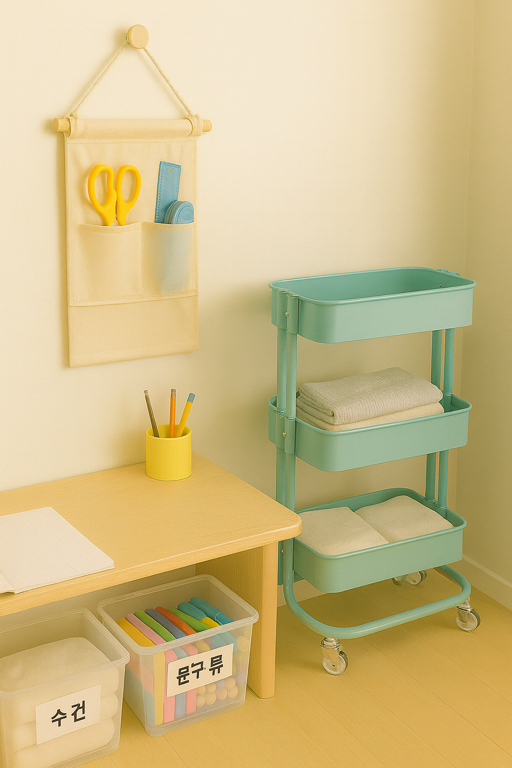 벽걸이 포켓과 이동식 카트에 정리된 아이들 미술 도구