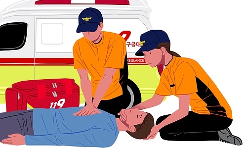 구급대원이 응급처치 하는 일러스트