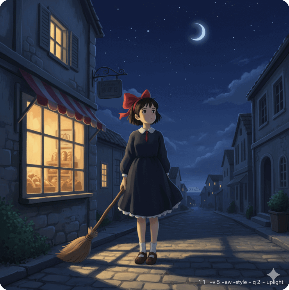 alt="마녀 배달부 키키에서 영감을 얻은 밤의 조용한 거리에서 빗자루를 들고 창가 불빛을 바라보는 소녀의 모습, 고독 속에서 성장과 회복을 상징하는 일러스트."