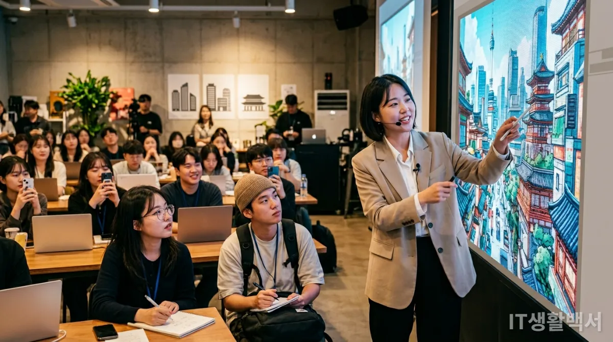 한국인 콘텐츠 크리에이터가 AI를 활용한 디지털 아트를 발표하며 저작권 침해를 피하는 방법을 설명하고 있다.