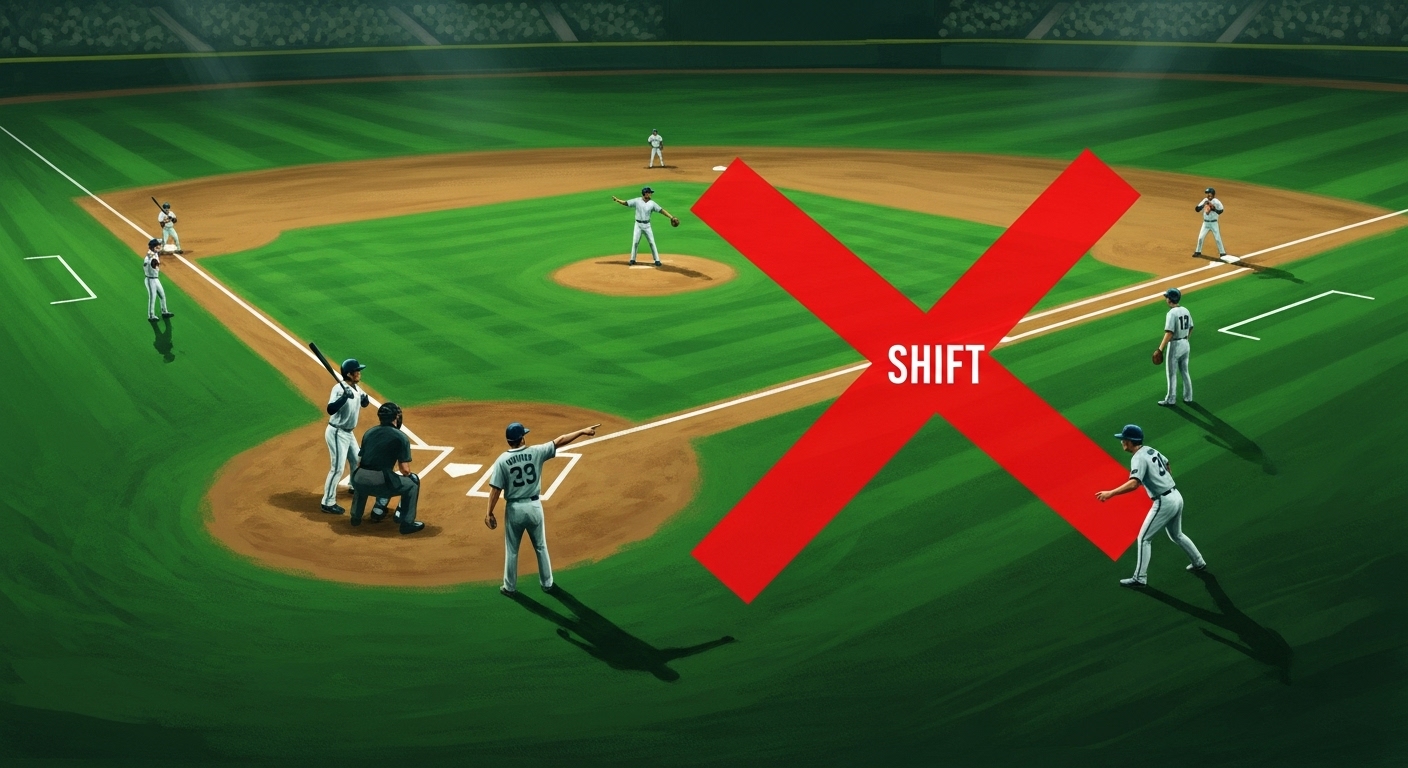 수비 시프트 제한을 시각적으로 표현한 이미지. 전통적 수비 위치로 돌아가는 선수들과 시프트 금지를 나타내는 표시.