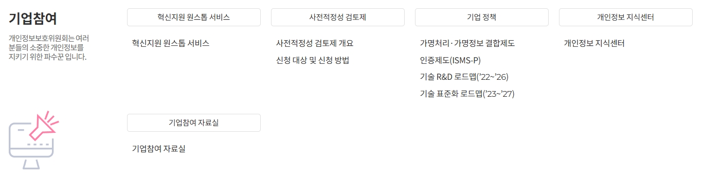 기업을 위한 맞춤형 지원 서비스 메뉴