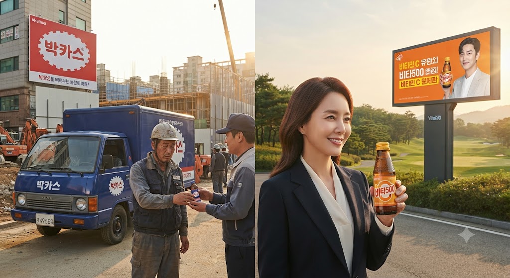 해 질 녘, 건설 현장 인근의 박카스 트럭과 골프장 클럽하우스 입구의 비타500 광고판이 대조를 이룬다. 박카스 광고는 땀 흘리는 노동자들에게 '피로회복'을 외치고, 비타500 광고는 골프를 마친 활기찬 중년 여성에게 '면역'을 강조한다. 카페인 유무와 타겟 고객층에 따라 달라지는 두 국민 드링크의 라이프스타일 마케팅을 확연히 보여주는 거리 풍경.