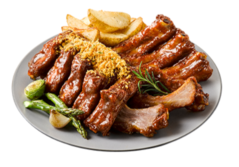 폭립에 아스파라거스와 감자가 토핑된 한그릇