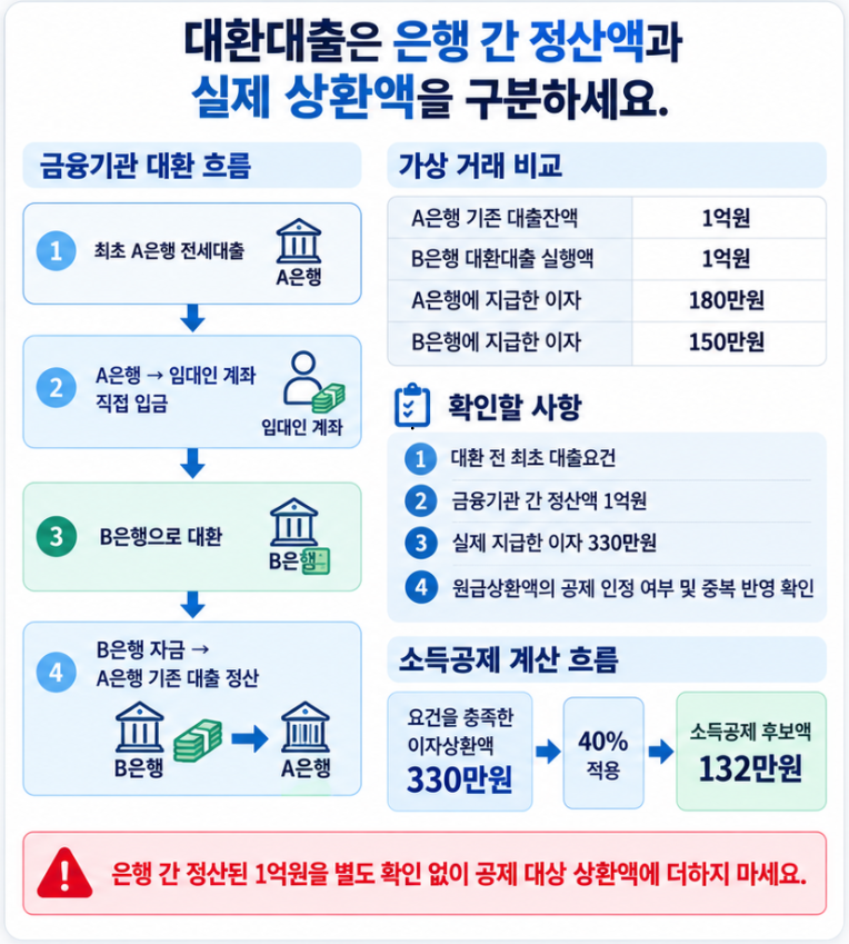 전세대출 대환 시 A은행과 B은행 사이의 대출원금 정산 1억원과 실제 지급한 이자 330만원을 구분하고 이자 소득공제 후보액 132만원을 계산하는 이미지