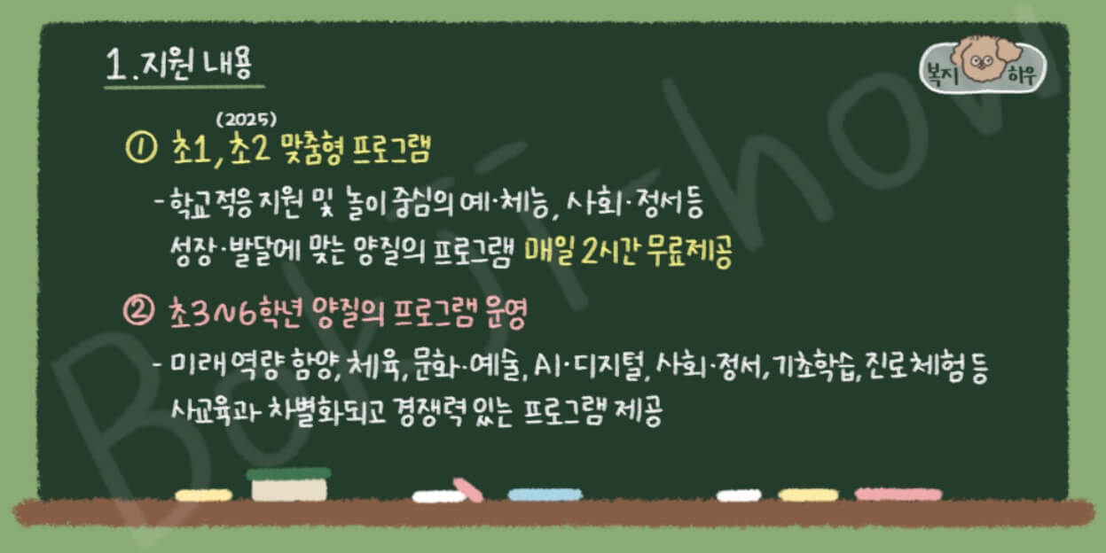 늘봄학교는 초등학교 1학년, 2학년의 맞춤형 프로그램과 초등학교 3학년부터 6학년까지 양질의 프로그램으로 나뉘어 운영된다.