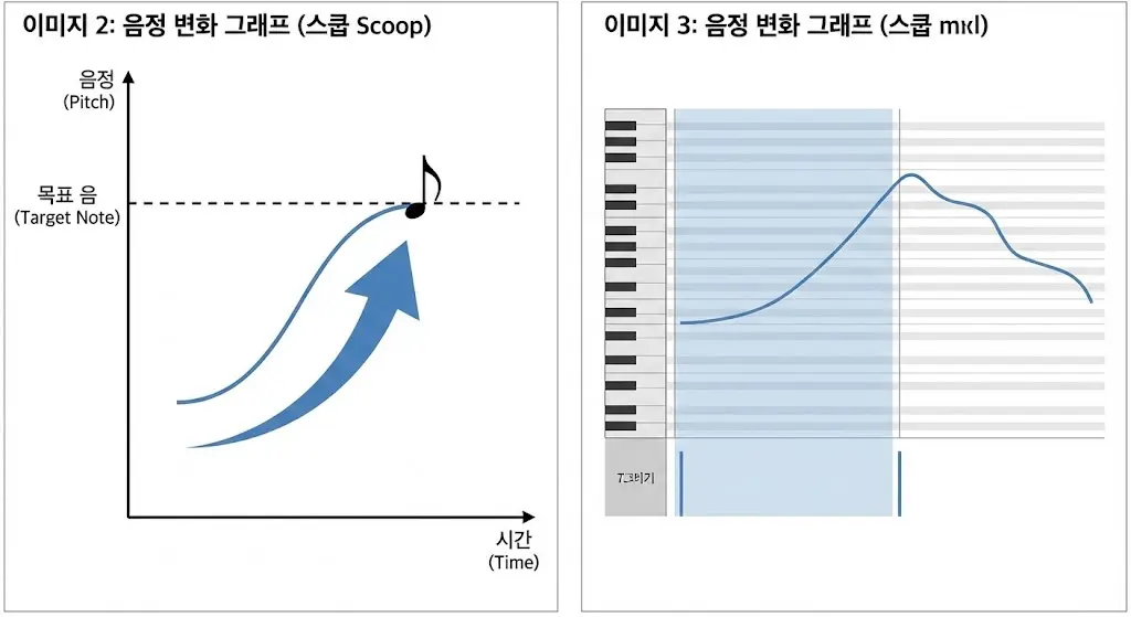 음정 변화를 화살표와 그래프로 보여주는 이미지