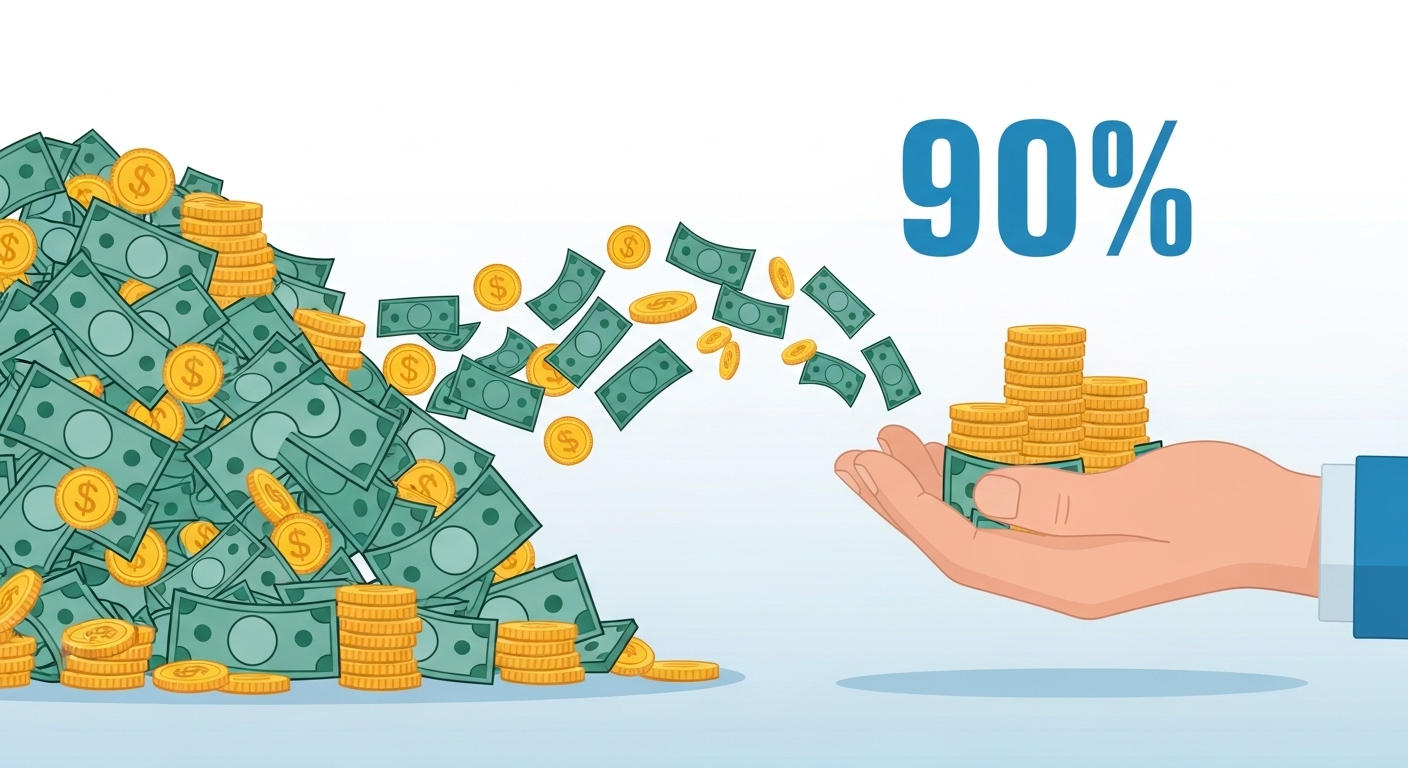 손에 쌓이는 돈 더미와 90% 감면율이 표시된 그림, 세금 절약 효과를 시각화.
