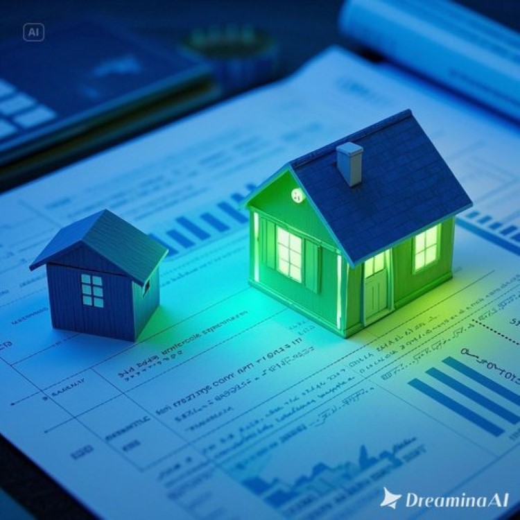 주택과 대출 서류, 금리 그래프가 어우러진 현대적인 배경. 파란색과 초록색 톤으로 신뢰와 안정감 강조, 밝은 집 이미지로 희망적인 분위기 연출.