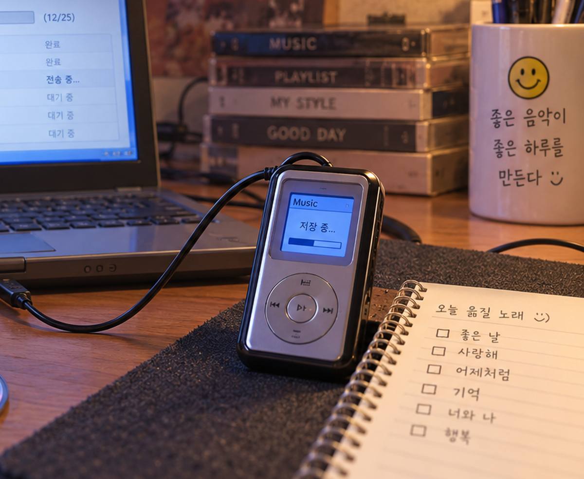 컴퓨터 옆에 놓인 작은 MP3 플레이어와 USB 케이블, 유선 이어폰
