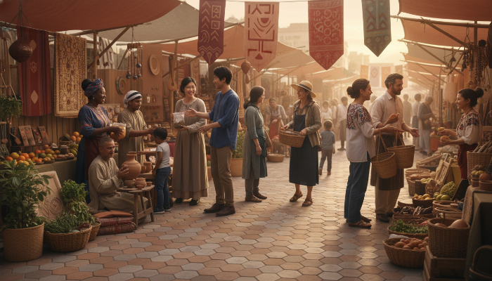 다양한 문화 배경을 가진 사람들이 함께 일하고 교류하며 활기찬 사회를 만들어가는 모습, 이주자들의 사회적 기여를 보여줍니다.