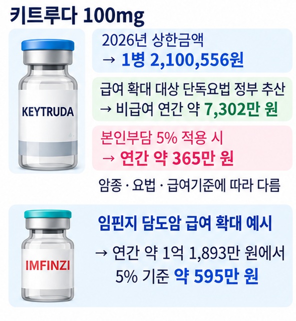 키트루다 100밀리그램 상한금액과 급여 적용 시 연간 환자부담 감소 예시를 보여주는 이미지