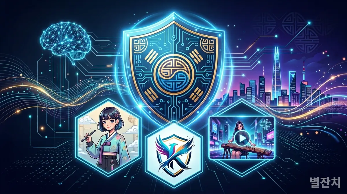 AI 시대에 크리에이터의 지식재산권(IP)을 보호하는 상징적인 모습