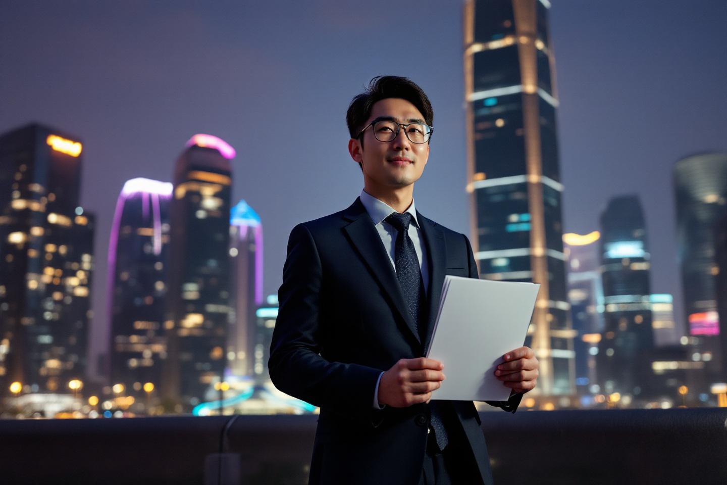 초고층 건물들에 둘러쌓인 도심속의 남성