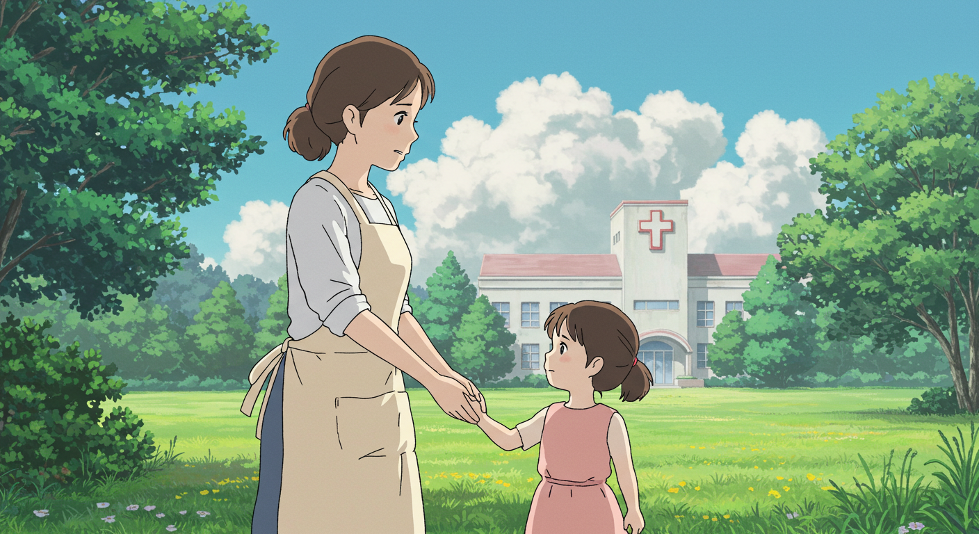 건강을 걱정하며 자녀 손을 잡고 있는 주부의 모습