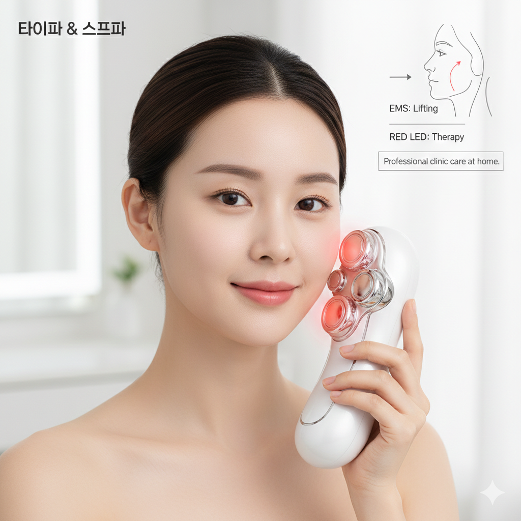 A model demonstrating a high-tech K-beauty device combining EMS for lifting and red LED therapy, emphasizing professional home care.