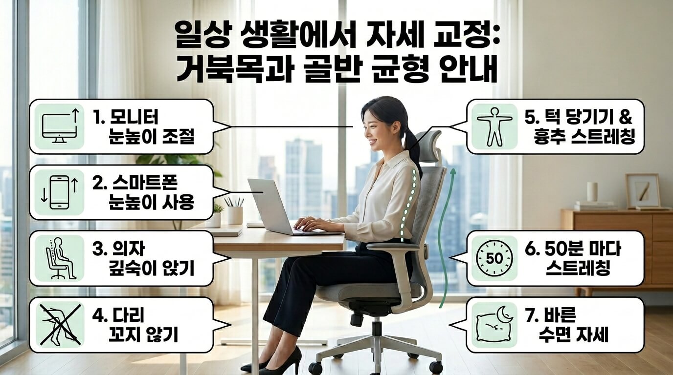 생활 속 자세 교정을 통한 거북목과 골반 틀어짐 예방 요약 이미지