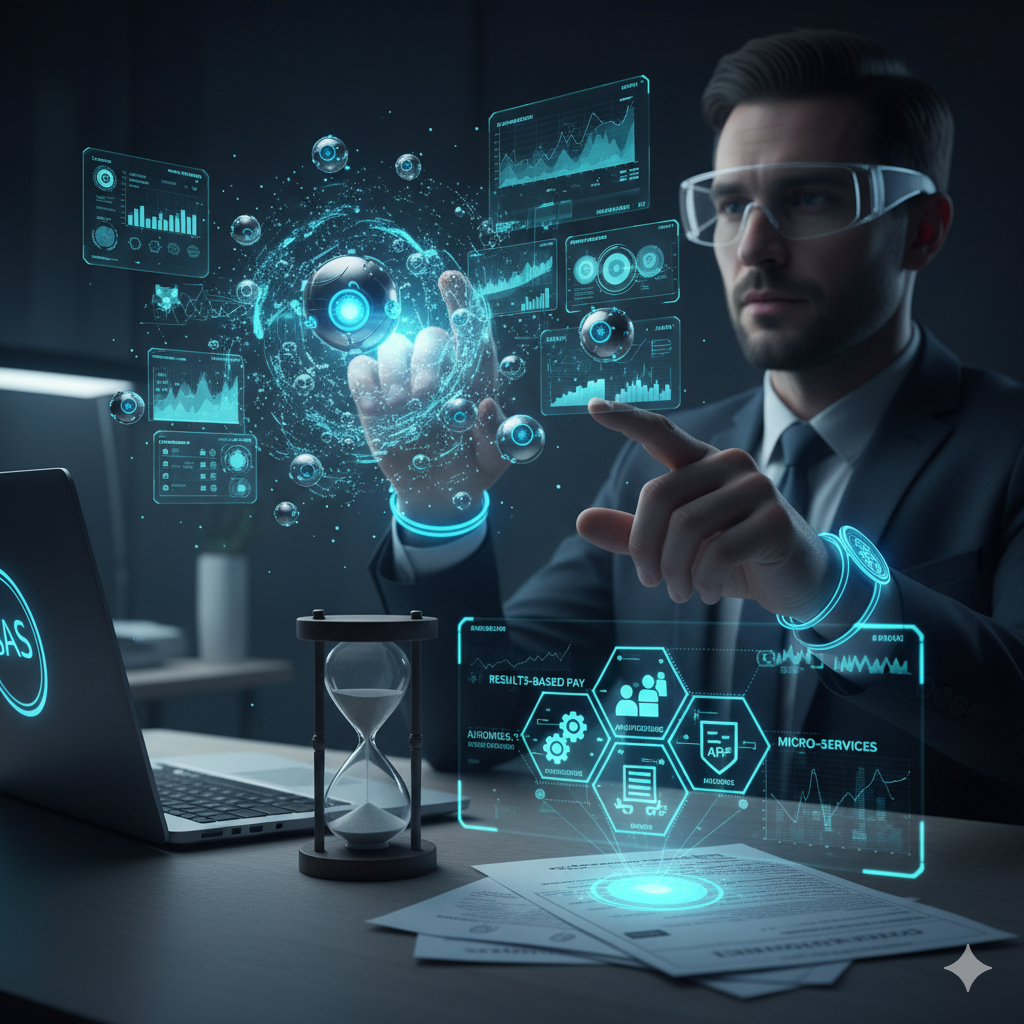 어두운 사무실에서 미래형 스마트 글래스를 착용한 남성이 홀로그램 인터페이스를 조작하는 모습이에요. 책상 위에는 모래가 거의 다 내려온 모래시계가 놓여 있어 기존 SaaS 모델의 시간적 한계를 암시하고, 홀로그램에는 RESULT-BASED PAY, MICRO-SERVICES 등 성과 기반 과금과 관련된 데이터가 시각화되어 있어요.