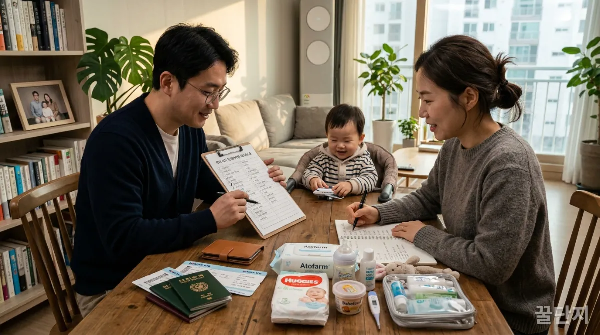 아이의 첫 해외여행을 위해 꼼꼼하게 준비물을 확인하는 한국인 부부